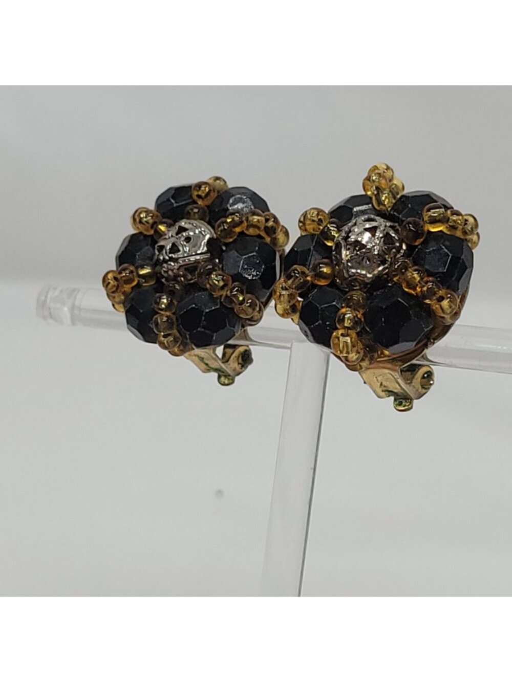 Vintage Black & Amber Beaded Clip-On Earrings Gold-Tone Backing Retro Jewelry - Picture 8 of 9